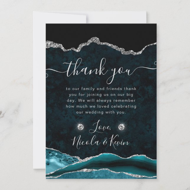 Aquamariner und Silberner Glitzer Agate Wedding Dankeskarte (Vorderseite)