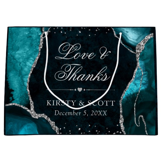 Aquamariner und Silberner Glitzer Agate Wedding Große Geschenktüte (Vorderseite)