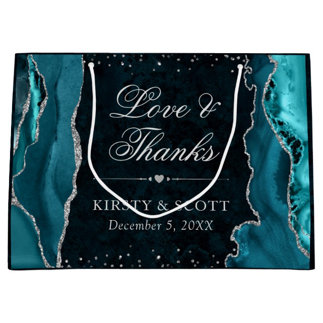 Aquamariner und Silberner Glitzer Agate Wedding Große Geschenktüte (Vorderseite)