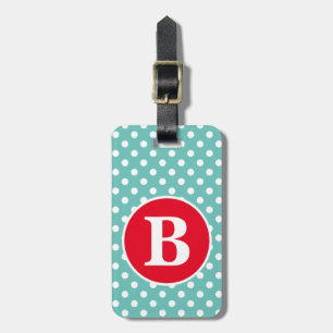 Aquamariner und weißer Polka-Dot mit roter Monogra Gepäckanhänger