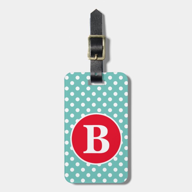 Aquamariner und weißer Polka-Dot mit roter Monogra Gepäckanhänger (Vorderseite vertikal)