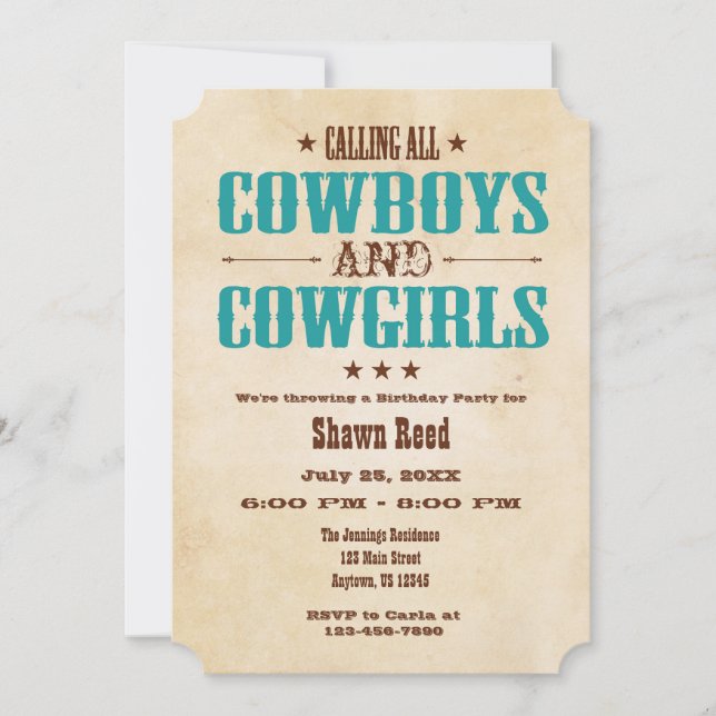 Aquamariner Vintager Cowboy Einladung zum Geburtst (Vorderseite)
