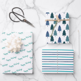 Aquamariner Weihnachtsbaum Glitzer Streifen Geschenkpapier Set