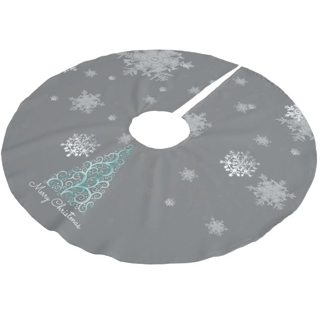 Aquamariner Weihnachtsbaum und Schneeflocken Baumr Polyester Weihnachtsbaumdecke (Schrägansicht)