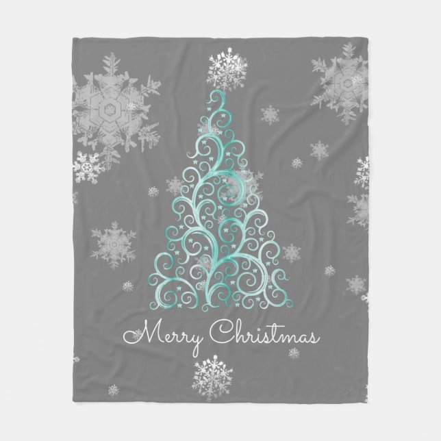 Aquamariner Weihnachtsbaum und Schneeflocken Fleecedecke (Vorderseite)