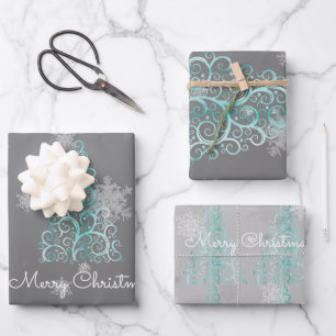 Aquamariner Weihnachtsbaum und Schneeflocken Geschenkpapier Set