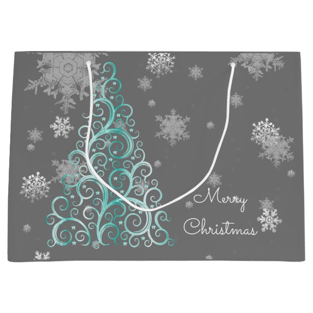 Aquamariner Weihnachtsbaum und Schneeflocken Große Geschenktüte (Vorderseite)