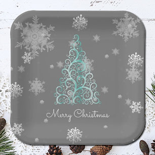 Aquamariner Weihnachtsbaum und Schneeflocken Pappteller