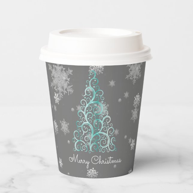 Aquamariner Weihnachtsbaum und Schneeflockenpapier Pappbecher (Vorderseite)