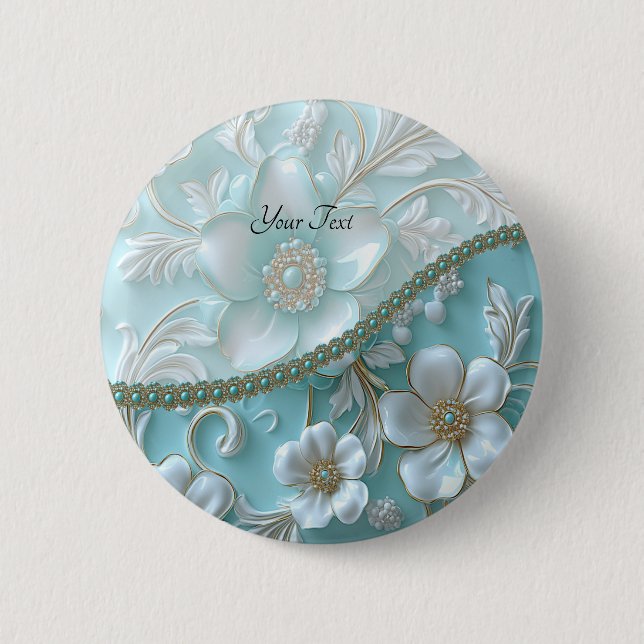 Aquamariner weißer Blumenknopf Button (Vorderseite)