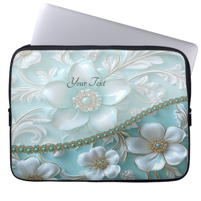 Aquamariner weißer Blumenschlauch Laptopschutzhülle (Vorderseite)