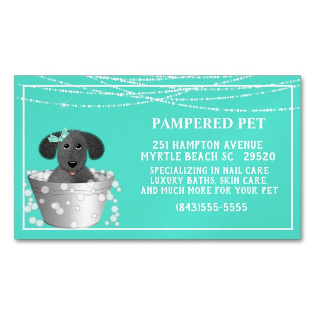 Aquamariner weißer Hund in Tub Pet Groomer Magnetische Visitenkarte (Vorderseite)