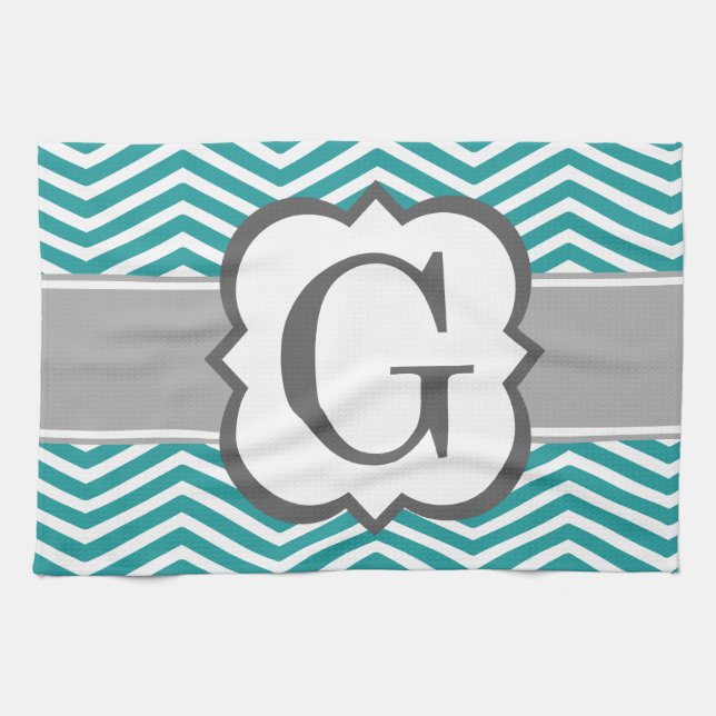 Aquamariner weißer Monogramm-Buchstabe G Zickzack Handtuch (Horizontal)