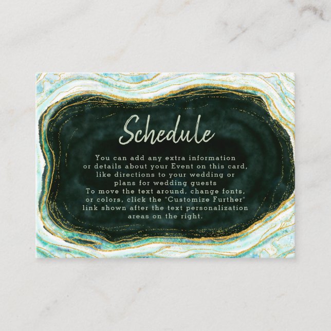Aquamariner Zeitplan für die Hochzeit von Green &  Begleitkarte (Vorderseite)