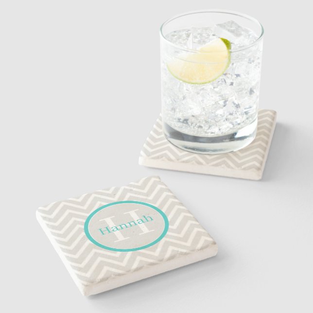 Aquamariner Zickzack Monogramm-Stone-Untersetzer Steinuntersetzer (Seitenansicht)