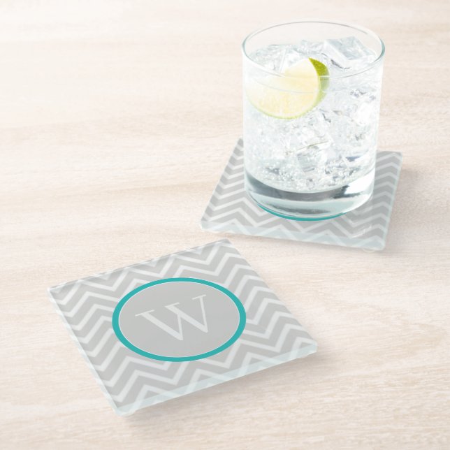 Aquamariner Zickzack Monogramm-Untersetzer Glasuntersetzer (Schrägansicht)