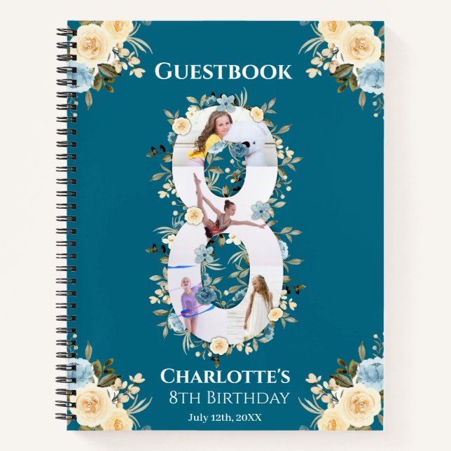 Aquamarines 8. Geburtstag Foto Gelbe Blume Gästebu Notizbuch (Vorderseite)