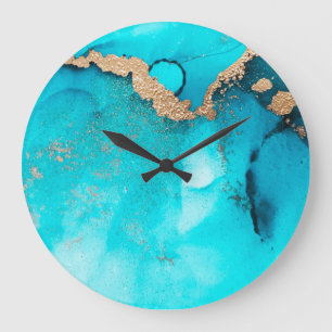 Aquamarines Abstraktes Mittelmeer-Türkisches Gold Große Wanduhr