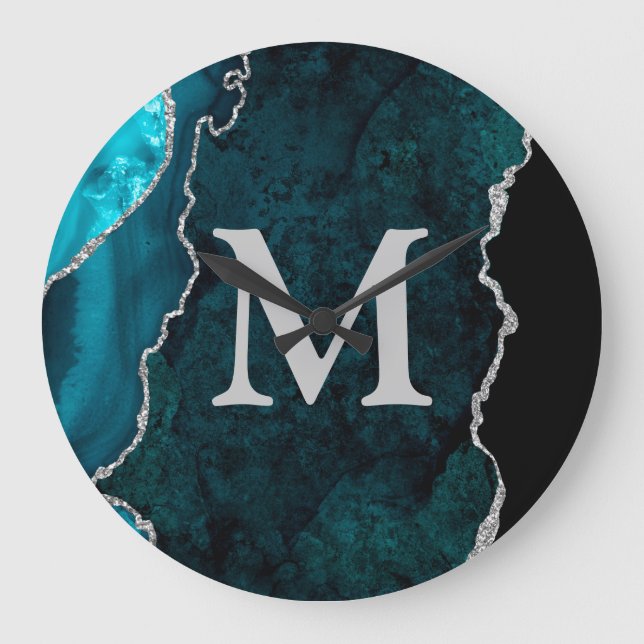Aquamarines Agate-Personalisiertes Monogramm-Acryl Große Wanduhr (Vorderseite)