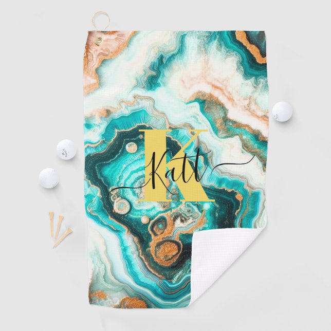 Aquamarines Aqua Agate Golden Custom Modern Monogr Golfhandtuch (Insitu)