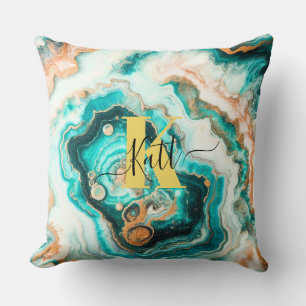 Aquamarines Aqua Agate Golden Custom Modern Monogr Kissen