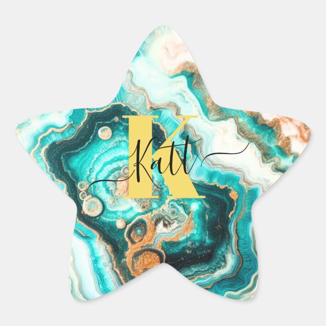 Aquamarines Aqua Agate Golden Custom Modern Monogr Stern-Aufkleber (Vorderseite)