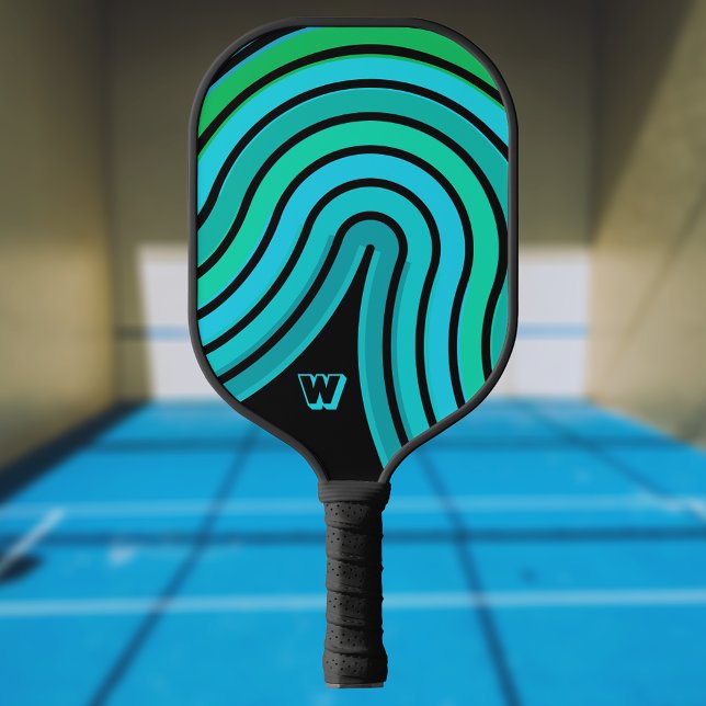 Aquamarines Aqua Blue Retro Swirl mit Initial Pickleball Schläger (Von Creator hochgeladen)