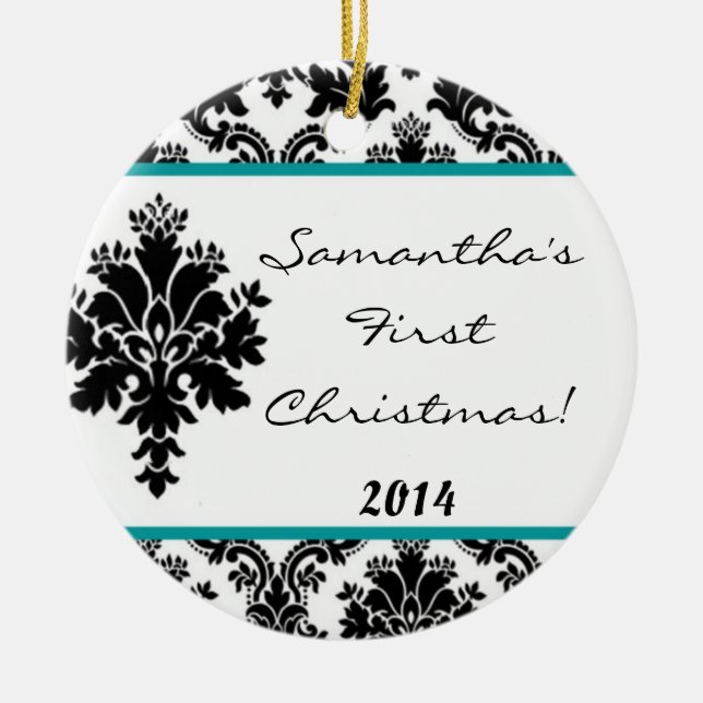 Aquamarines Aqua Damask Spitzen Personalisierter N Keramikornament (Vorne)
