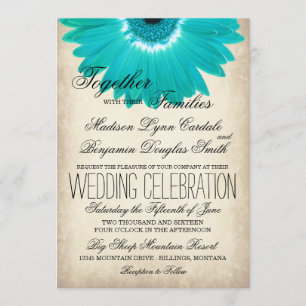 Aquamarines Aqua Gerber Daisy Rustikale Hochzeitse Einladung