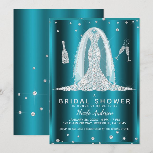 Aquamarines Aqua Glam Diamond Wedding Dress Brautp Einladung (Vorne/Hinten)