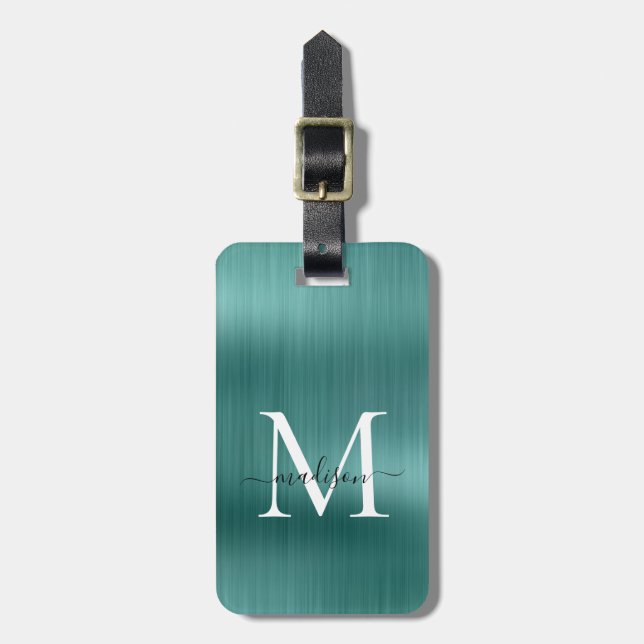 Aquamarines Aqua Green Brushed Metal Script Monogr Gepäckanhänger (Vorderseite vertikal)