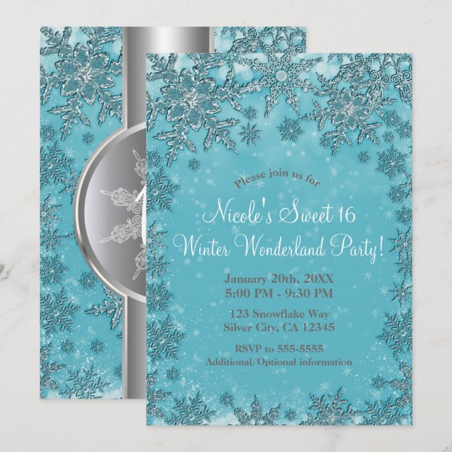 Aquamarines Aqua Snowflakes Winter Wunderland Part Einladung (Vorne/Hinten)