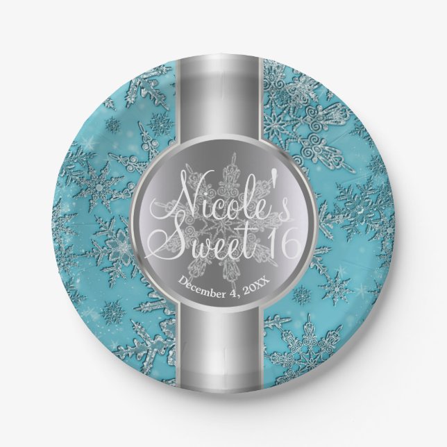 Aquamarines Aqua Snowflakes Winter Wunderland Part Pappteller (Vorderseite)