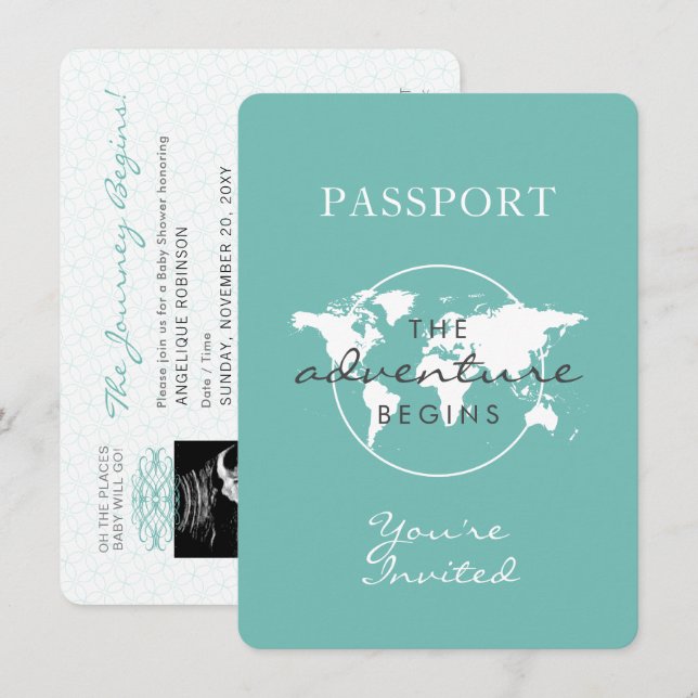 Aquamarines Baby mit neutralem Passport Einladung (Vorne/Hinten)