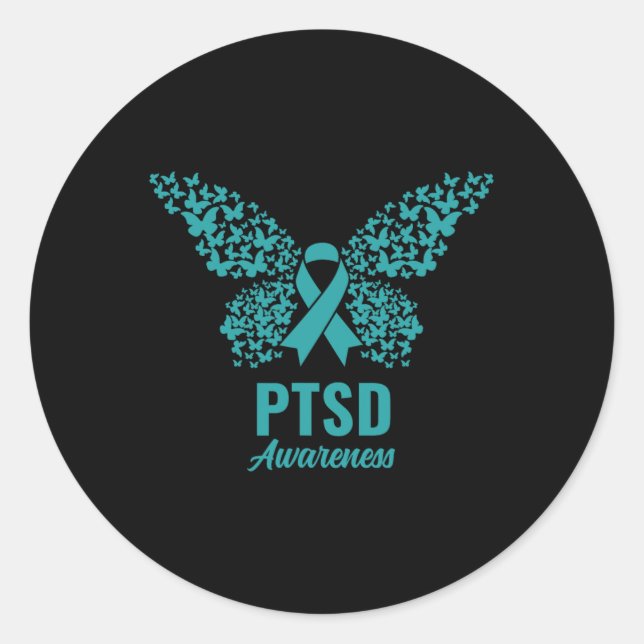 Aquamarines Band mit Schmetterlingen - Ptsd-Bewuss Runder Aufkleber (Vorderseite)