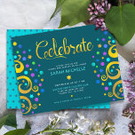 Aquamarines Bat Mitzvah Goldene Foil Tree of Life  Begleitkarte<br><div class="desc">Seien Sie stolz, freuen Sie sich und präsentieren Sie diesen Meilenstein Ihres Lieblings-Bat Mitzvah! Dieser abstrakte, grafische Imitat Goldfolienbaum mit funkelnd türkisfarbenem, aquamarinem, lila und blauen David-Stern und dot "Blätter" auf einem aquamarinen, dunkelblauen Hintergrund ist der perfekte personalisierte Party-Info-Insert für diesen besondere Anlass. Auf der Rückseite ist ein winziger, aquamariner...</div>