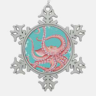Aquamarines beflecktes Glas der roten Krake Schneeflocken Zinn-Ornament