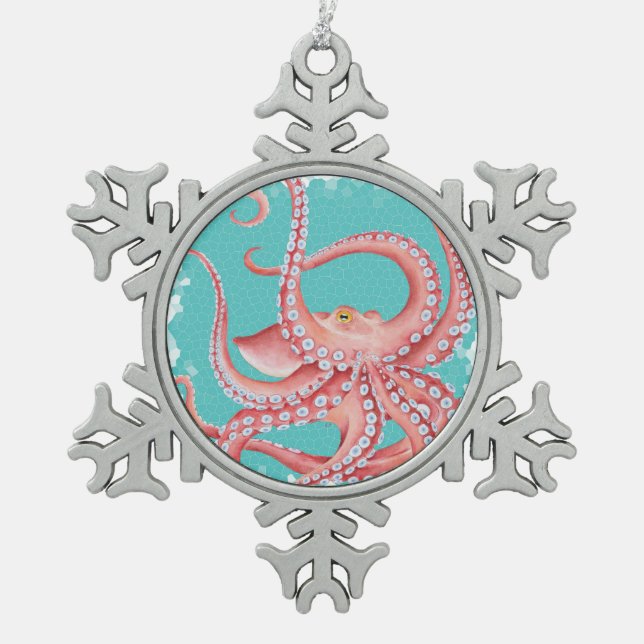 Aquamarines beflecktes Glas der roten Krake Schneeflocken Zinn-Ornament (Vorderseite)