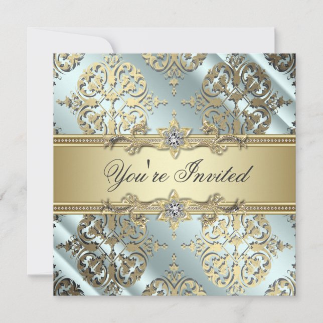 Aquamarines Black Gold Damask Party Einladung (Vorderseite)