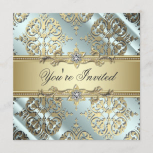 Aquamarines Black Gold Damask Party Einladung