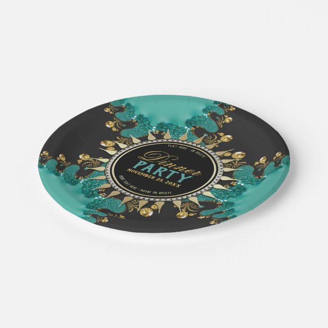 Aquamarines Black Gold Fraktal Swirt Dinner Party Pappteller (Schrägansicht)