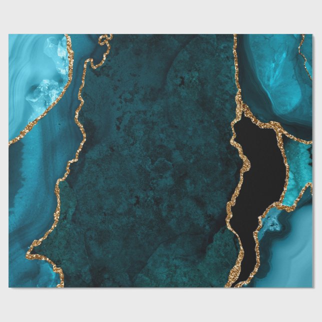 Aquamarines Blau und Gold Imitate Glitzer Agate Geschenkpapier (Flach)