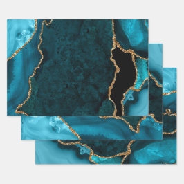 Aquamarines Blau und Gold Imitate Glitzer Agate Geschenkpapier Set
