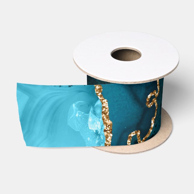 Aquamarines Blau und Gold Imitate Glitzer Agate Satinband (Spule)