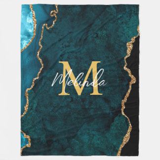 Aquamarines Blau und Goldmarmor Agate Fleecedecke