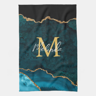 Aquamarines Blau und Goldmarmor Agate Geschirrtuch