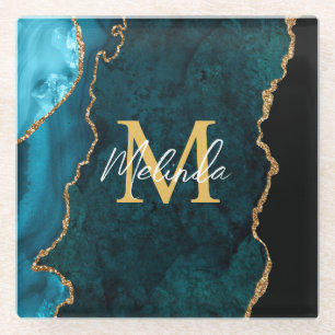 Aquamarines Blau und Goldmarmor Agate Glasuntersetzer