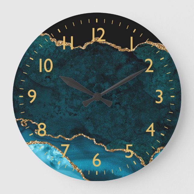 Aquamarines Blau und Goldmarmor Agate Große Wanduhr (Vorderseite)