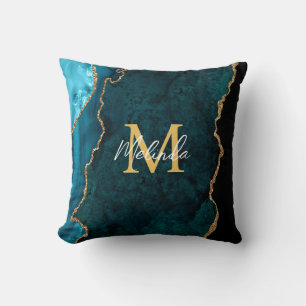 Aquamarines Blau und Goldmarmor Agate Kissen