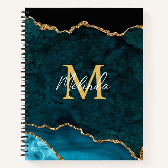 Aquamarines Blau und Goldmarmor Agate Notizbuch (Vorderseite)
